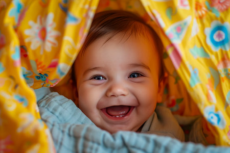 cute baby laughing while playing peek-a-booの素材