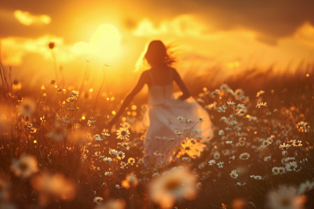 girl running through a field of daisies at sunset, with her dress trailing behind her.の素材