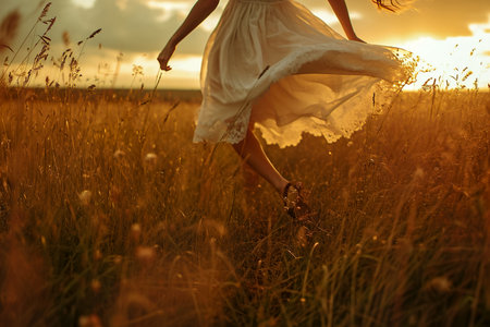 girl running through a field of tall grass at sunset, with her dress flowing in the breeze.の素材