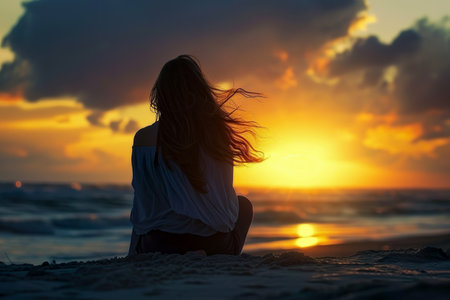 A girl sitting on a beach, watching the sunset, with her hair blowing in the wind.の素材