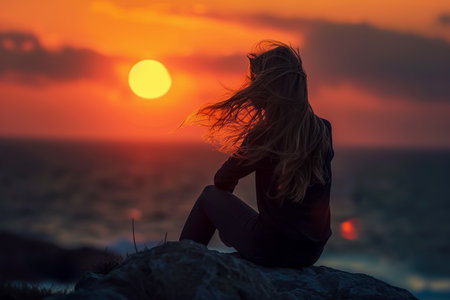 girl sitting on a rooftop, watching the sunset, with her hair blowing in the wind.の素材
