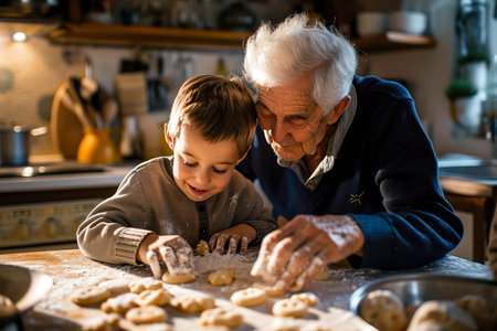 grandfather and his grandson baking cookies in a kitchen.の素材