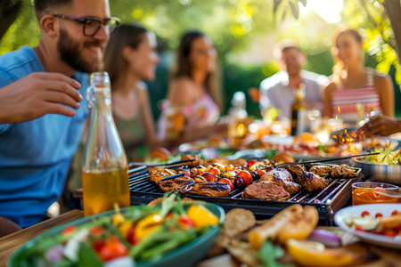 group of friends having a barbecue and enjoying delicious food.の素材