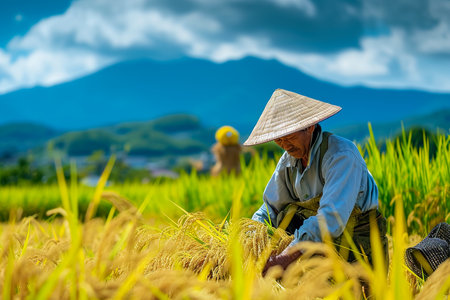 Japanese farmer working in a rice field with a scarecrow in the background.の素材