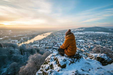 person enjoying a scenic view of a snow-covered lake from a mountaintop.の素材
