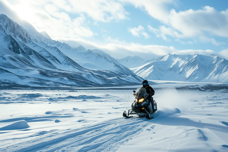 person snowmobiling through the mountains.の素材