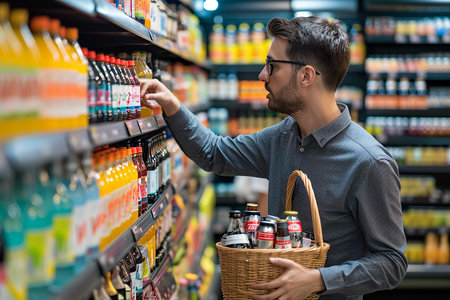 man holding a basket and looking at the shelves of beverages.の素材