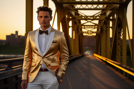 man in a gold and white tuxedo stands in front of a bridge.の素材
