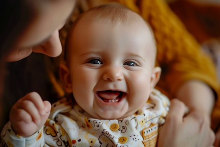 baby giggling while being tickled by their parent.の素材