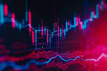 candlestick stock chart with a red background and a blue lineの素材