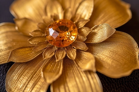 close-up of a gold brooch, with a gemstone in the center.の素材