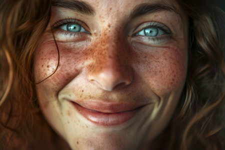 close-up of a woman face with a smile.の素材