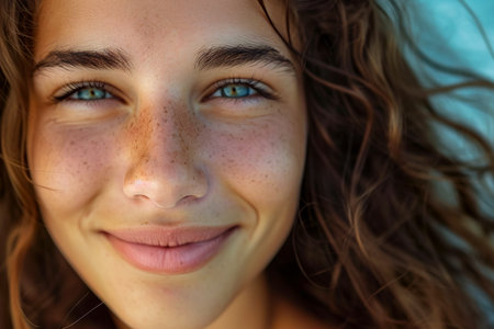 close-up of a woman face with a smile.の素材