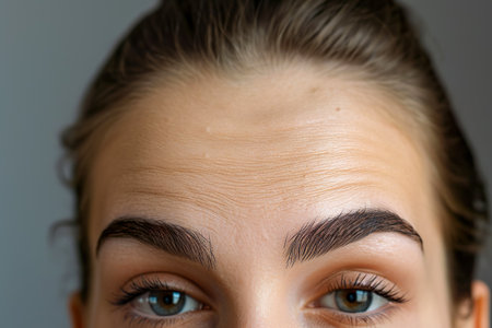 close-up of a woman forehead with a few wrinklesの素材