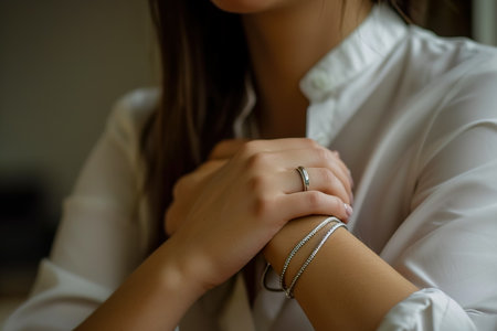 close-up of a woman wrist with a bracelet.の素材