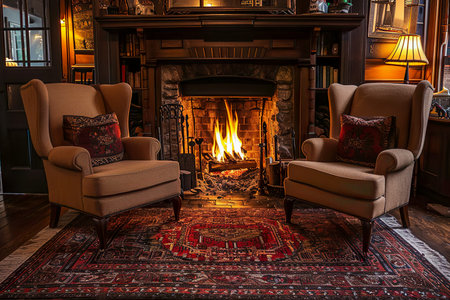 cozy fireplace with crackling flames, surrounded by comfortable armchairs and a rug.の素材