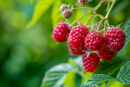 cluster of fresh raspberries, with a few still on the vine.の素材