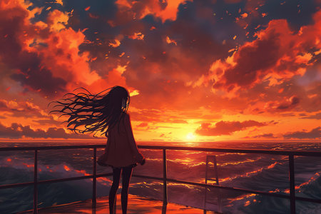 girl standing on a pier, watching the sunset, with her hair blowing in the windの素材