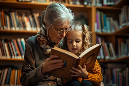 grandmother and her granddaughter reading a book together.の素材