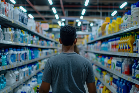 man pushing a cart and looking at the shelves of canned goods.の素材