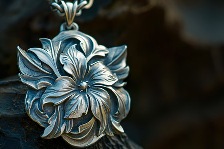 close-up of a silver brooch, with a floral design etched into the metal.の素材