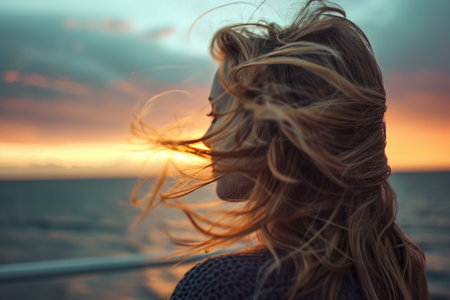 girl standing on a pier, watching the sunset, with her hair blowing in the windの素材