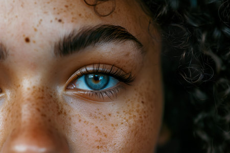 close-up of a woman cheek with a beauty mark.の素材