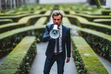 businessman walking through a maze, holding a megaphone and looking confident.の素材