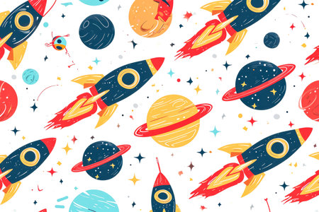 futuristic and space-themed design with rocket ships and planets.の素材