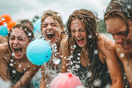 group of friends having a water balloon fight and laughing hysterically.の素材