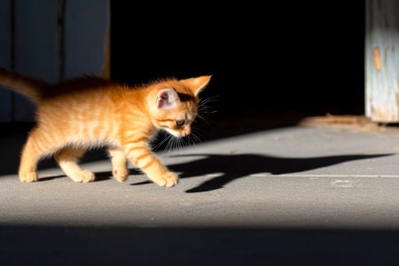 kitten chasing its own shadow and pouncing on it.の素材