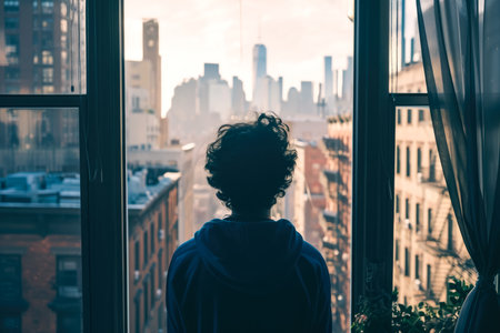 A person standing in front of a window, looking out at the city and thinking.の素材
