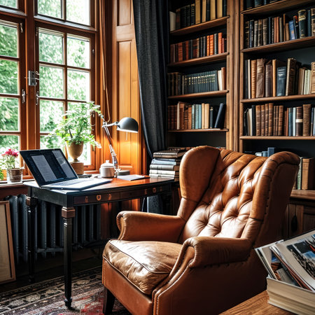 A person working on a laptop in a traditional home office with a leather chair.の素材