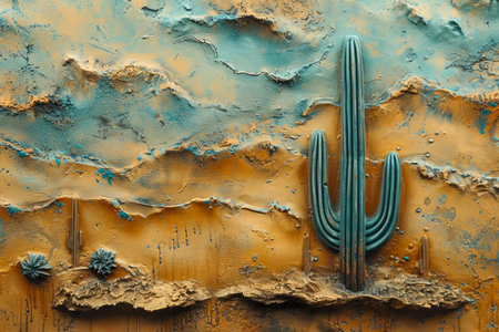 Generate a relief of a desert with a cactus in the foreground.の素材