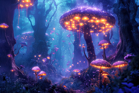 magical forest filled with glowing mushrooms, where fairies and unicorns roam free.の素材