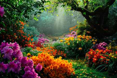 mystical garden, where flowers bloom in every color of the rainbow, and a hidden fairy kingdom lies just beyond.の素材
