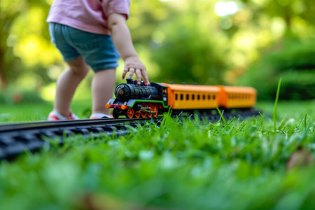 child playing with a toy train on a track in a park with trees and green grass.の素材