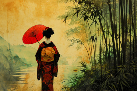 geisha walking through a bamboo forest.の素材