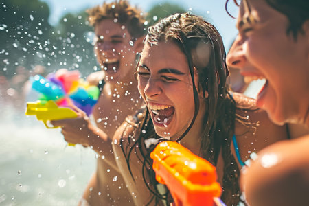 group of friends having a water balloon fight and laughing hysterically.の素材