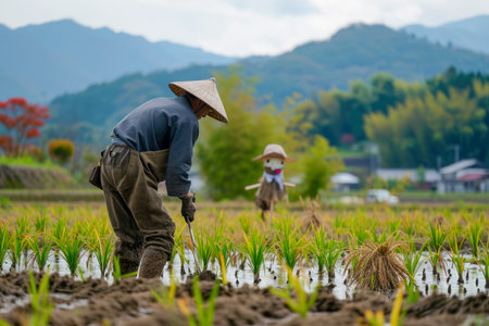Japanese farmer working in a rice field with a scarecrow in the background.の素材