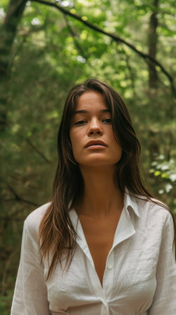 Generate a portrait of a woman with straight hair, wearing a white shirt, and standing in front of a forest.の素材