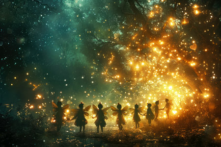 Imagine a whimsical and magical artwork depicting a group of fairies spreading love and joy in a mystical forest filled with sparkling light.の素材