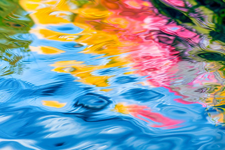 Waves of vibrant colors ripple across the surface of a tranquil pond, forming an abstract pattern that mesmerizes the eye.の素材
