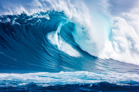 A surfer riding a massive wave, conquering fear and embracing the thrill.の素材