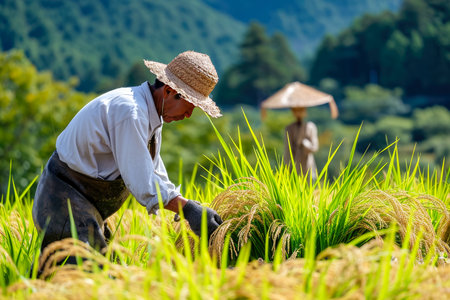Japanese farmer working in a rice field with a scarecrow in the background.の素材