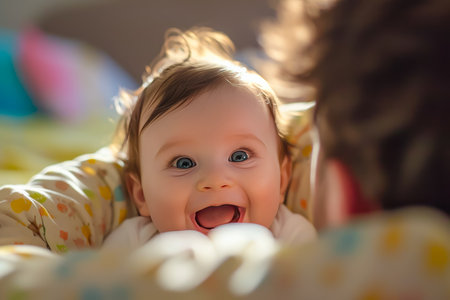A baby giggling while playing peek-a-boo with their parent.の素材