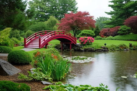 Japanese garden with a pond and a red bridge in the background.の素材
