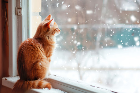 A red cat sitting on a windowsill and looking outside on a thunderstorm.の素材