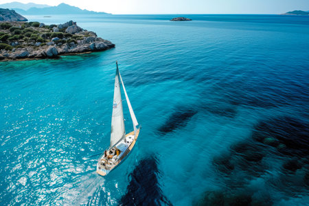 group of people sailing a yacht in the Atlantic.の素材