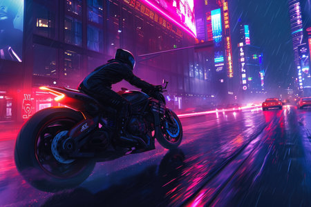 man riding a motorcycle through a city at night. The streets are lit up with neon lights, and there are other vehicles on the road.の素材